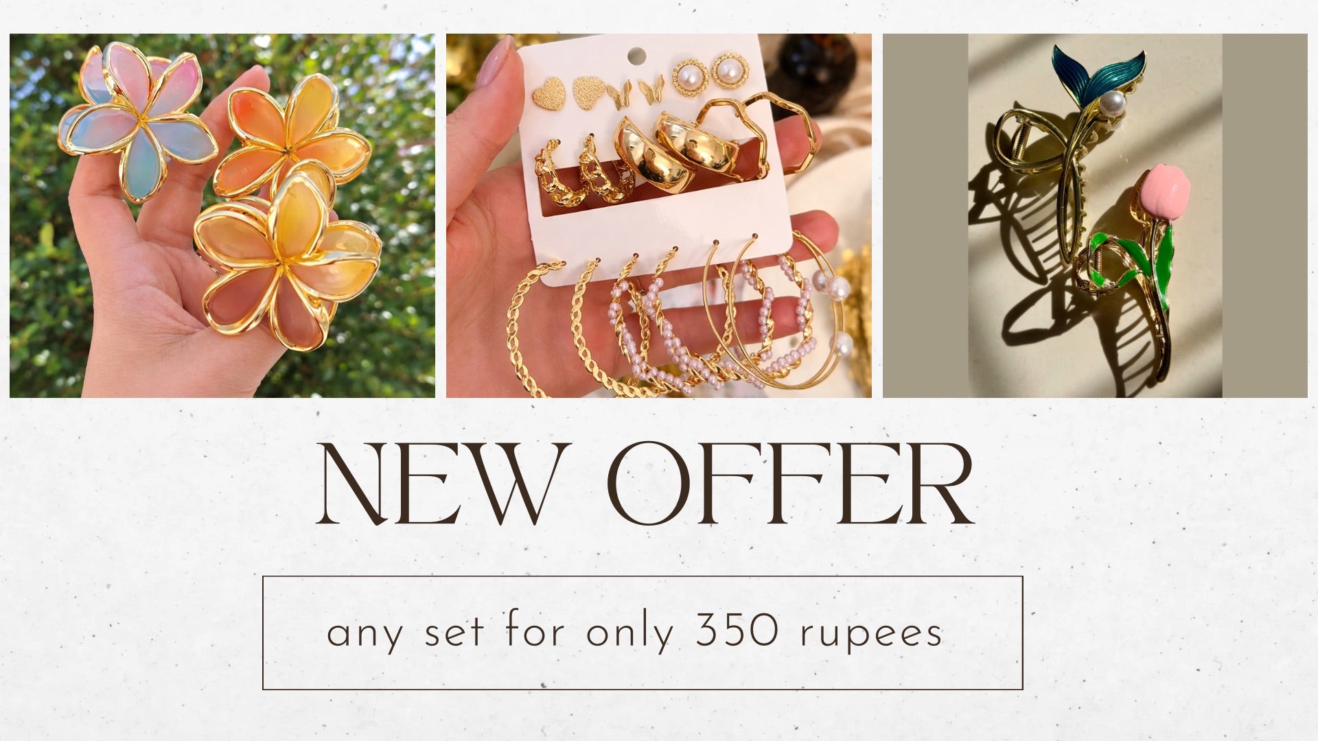 Collage of decorative items with 'NEW OFFER' text and price on a white background.
